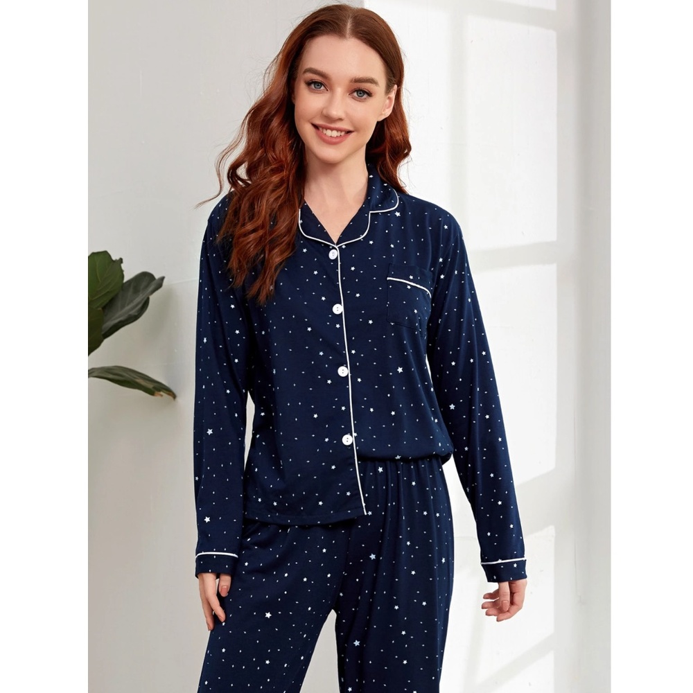 Navy Blue Star Print White Contrast Piping Trim Pajama Set 2 Piece Shirt, Pants - Picture 3 of 6